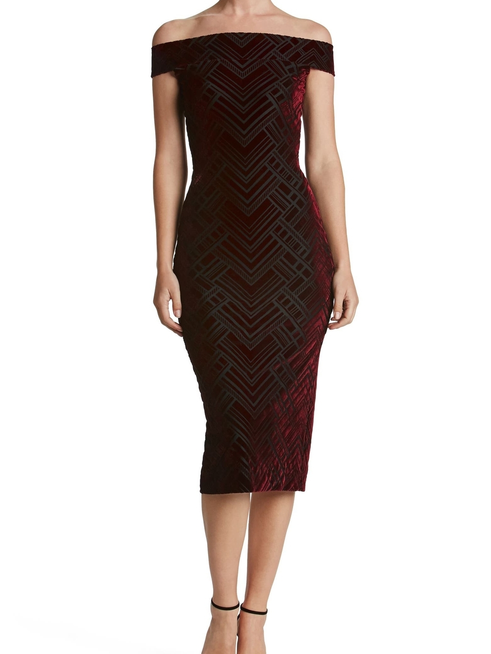Dress The Population Eden Geo Print Velvet Off the Shoulder Midi Dress Size XS
